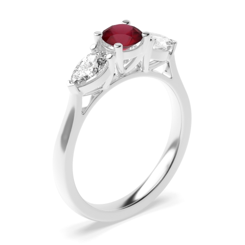 4 Prong Round/Pear High Set Ruby Three Stone Diamond Ring