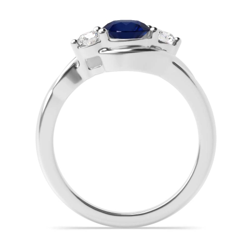 4 Prong Round Twisted Shoulder Blue Sapphire Three Stone Diamond Ring