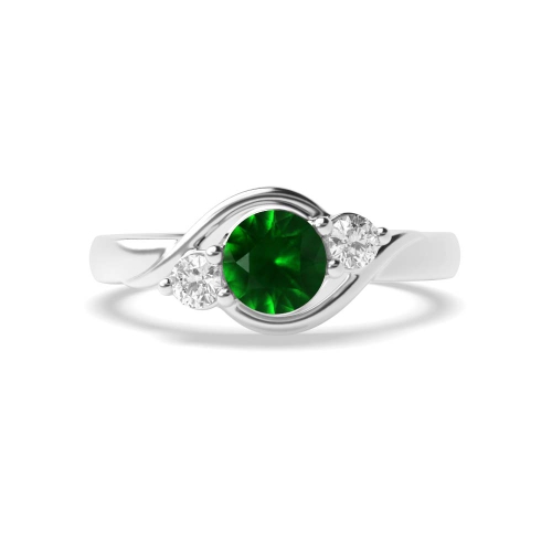 4 Prong Round Twisted Shoulder Emerald Three Stone Diamond Ring