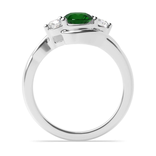 4 Prong Round Twisted Shoulder Emerald Three Stone Diamond Ring