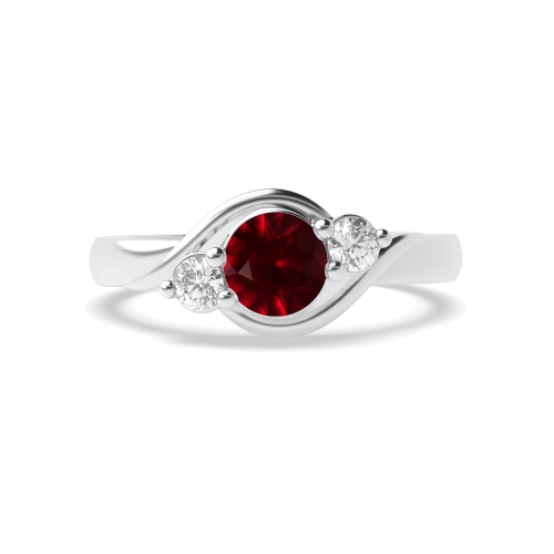 4 Prong Round Twisted Shoulder Ruby Three Stone Diamond Ring