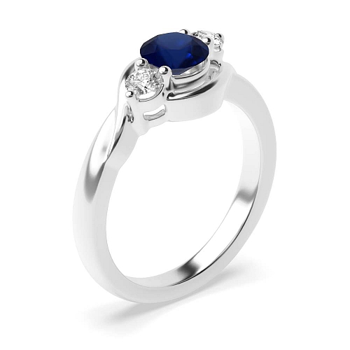 4 Prong Round Twisted Shoulder Blue Sapphire Three Stone Diamond Ring