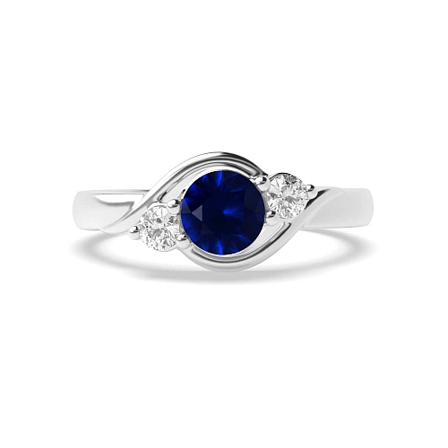 4 Prong Round Twisted Shoulder Blue Sapphire Three Stone Diamond Ring