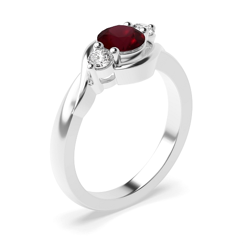 4 Prong Round Twisted Shoulder Ruby Three Stone Diamond Ring