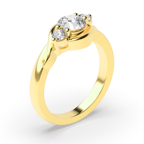 4 Prong Round Yellow Gold Twisted Shoulder Three Stone Engagement Ring