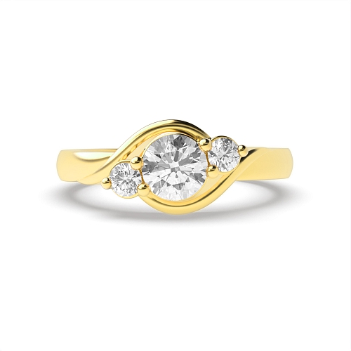 4 Prong Round Yellow Gold Twisted Shoulder Three Stone Engagement Ring