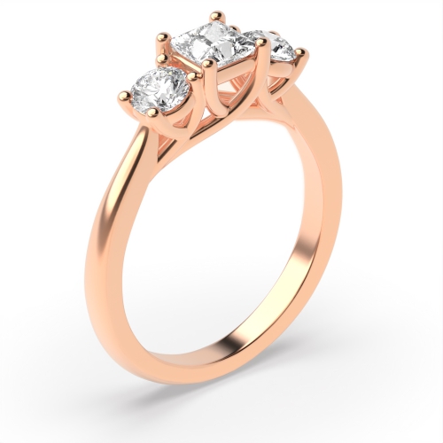 4 Prong Princess/Round Rose Gold Three Stone Diamond Rings