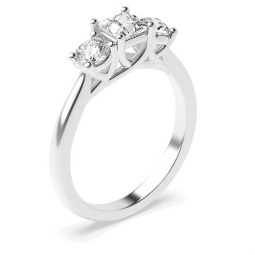4 Prong Princess/Round White Gold Three Stone Diamond Rings