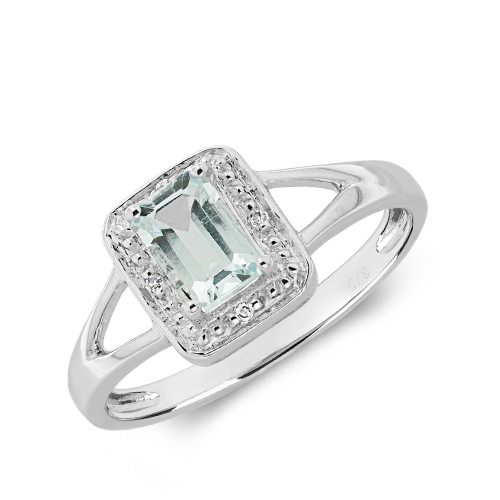 4 Prong Emerald Halo split shoulder diamond and Aquamarine Gemstone Engagement Rings