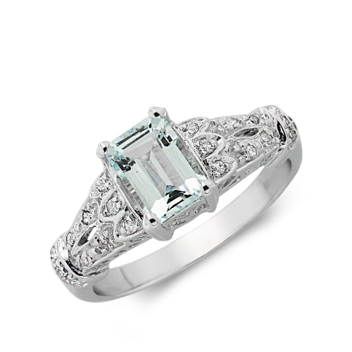 Gemstone Ring With 0.9ct Emerald Shape Aquamarine and Diamonds