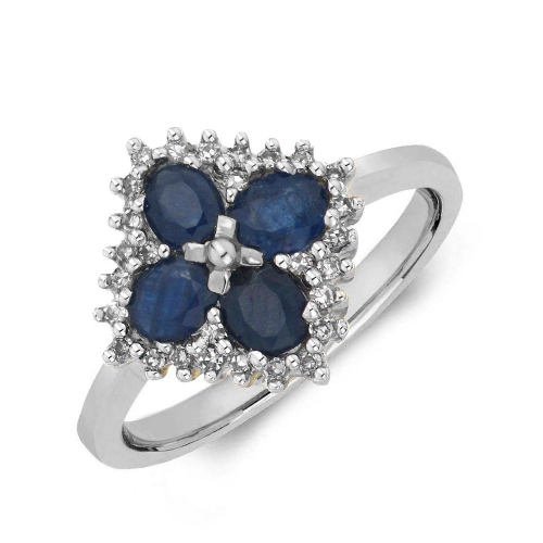 4 Prong Oval Flower shaped diamond and Blue Sapphire Gemstone Engagement Rings
