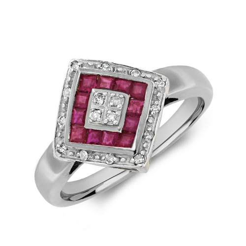 4 Prong Princess Square halo diamond and Ruby Engagement Rings