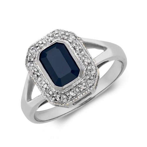 Bezel Setting Emerald Spilt shoulder diamond and Blue Sapphire Gemstone Engagement Rings
