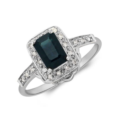 Gemstone Ring With 0.45ct Emerald Shape Blue Sapphire and Diamonds