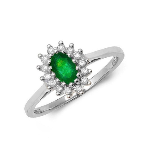 4 Prong Oval Flower style diamond and Emerald Gemstone Engagement Rings