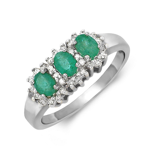 4 Prong Oval 3 stone halo diamond and Emerald Gemstone Engagement Rings