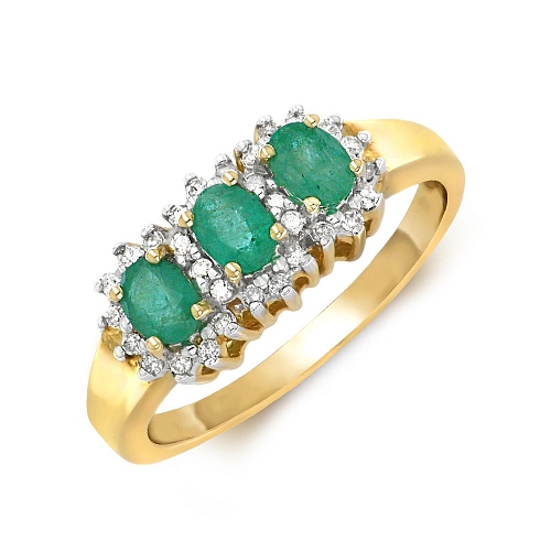 4 Prong Oval Yellow Gold 3 stone halo diamond and Lab Grown Diamond Engagement Rings