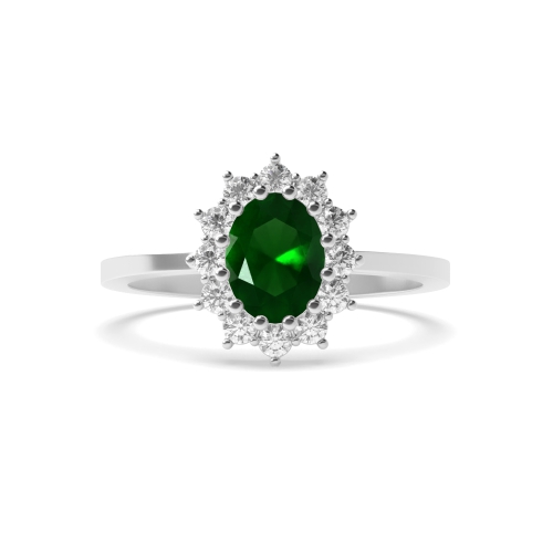 4 Prong Oval 1ct flower style halo diamond and Emerald Gemstone Engagement Rings