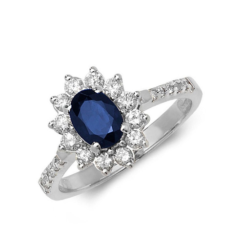 4 Prong Oval Flower style accented halo diamond and Blue Sapphire Gemstone Engagement Rings