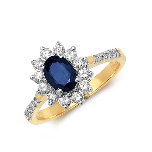 4 Prong Oval Yellow Gold Flower style accented halo diamond and Naturally Mined Diamond Engagement Rings