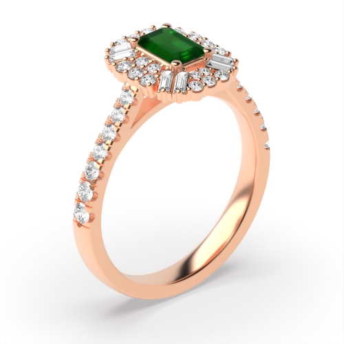 4 Prong Emerald Rose Gold Unique halo diamond and Naturally Mined Diamond Engagement Rings