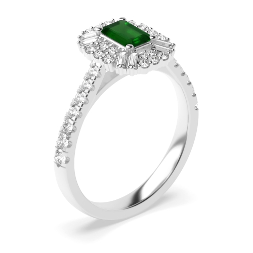 4 Prong Unique halo diamond and Emerald Gemstone Engagement Rings