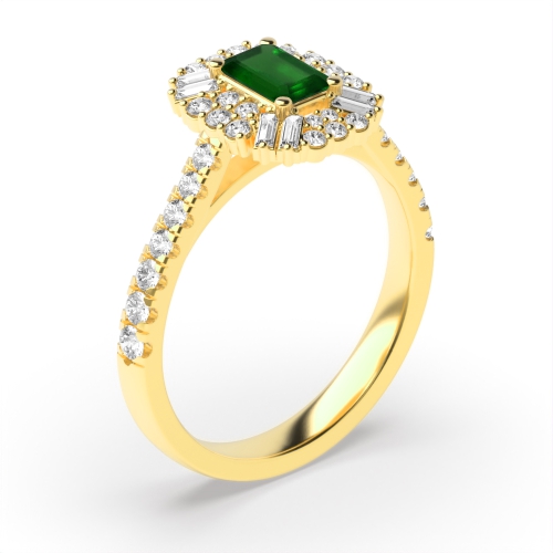 4 Prong Emerald Yellow Gold Unique halo diamond and Naturally Mined Diamond Engagement Rings
