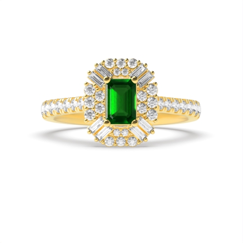 4 Prong Emerald Yellow Gold Unique halo diamond and Naturally Mined Diamond Engagement Rings