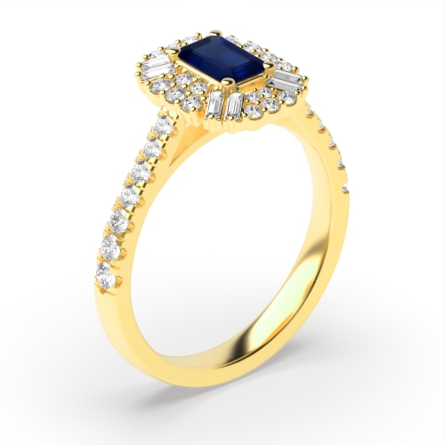 4 Prong Emerald Yellow Gold Unique halo diamond and Lab Grown Diamond Gemstone Engagement Rings