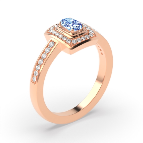 4 Prong Oval Rose Gold Emerald shaped halo diamond and Naturally Mined Diamond Gemstone Engagement Rings