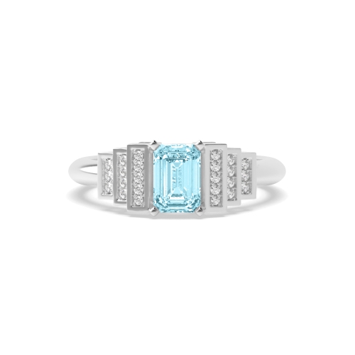 Gemstone Ring With 0.8ct Emerald Shape Aquamarine and Diamonds