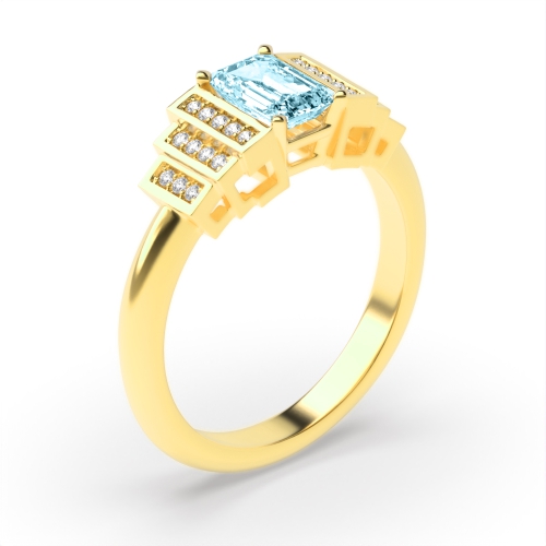 4 Prong Emerald Yellow Gold 3 row unique Lab Grown Diamond Antique Engagement Rings