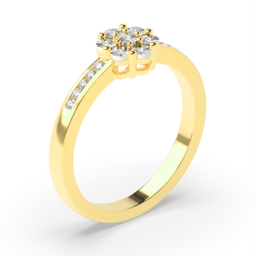 6 Prong Round Yellow Gold Side shank illusion Cluster Engagement Rings