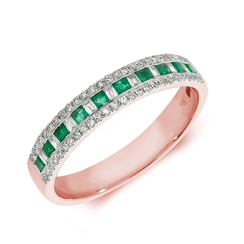Pave Setting Princess Rose Gold Three row with baguette diamond and Lab Grown Diamond Rings