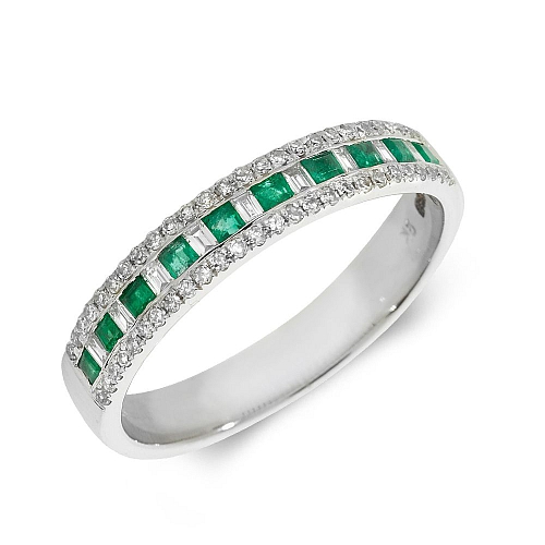 Pave Setting Princess White Gold Three row with baguette diamond and Naturally Mined Gemstone Diamond Rings