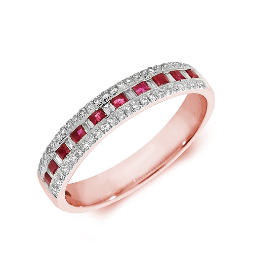 Pave Setting Princess Rose Gold Three row with baguette diamond and Lab Grown Diamond Rings