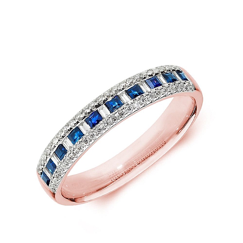 Pave Setting Princess Rose Gold Three row with baguette diamond and Lab Grown Diamond Rings