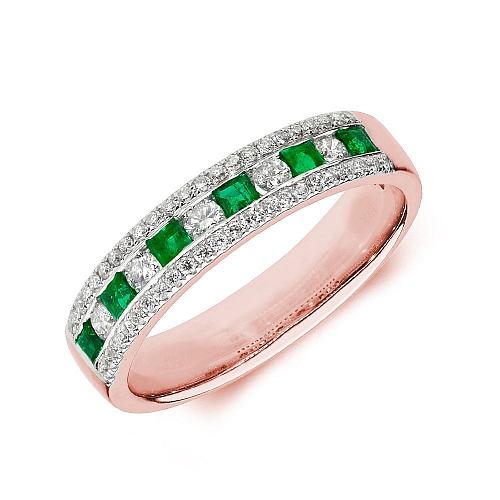 Pave Setting Princess Rose Gold Three row with round diamond and Naturally Mined Diamond Rings