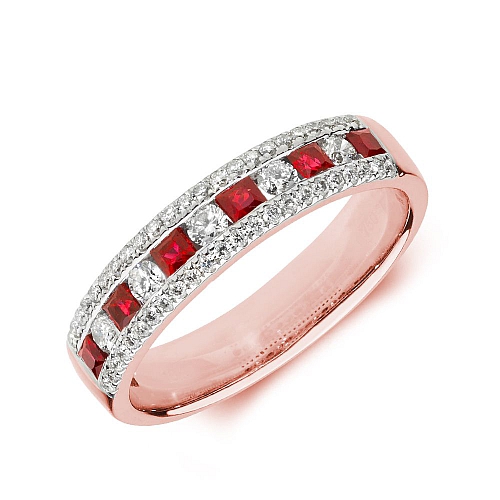 Pave Setting Princess Rose Gold Three row with round diamond and Lab Grown Diamond Rings