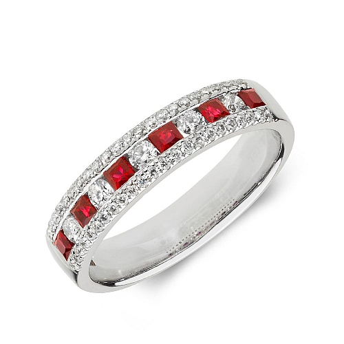 Pave Setting Princess Three row with round diamond and Naturally Mined Gemstone Diamond Rings