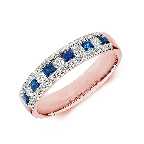 Pave Setting Princess Rose Gold Three row with round diamond and Lab Grown Diamond Rings