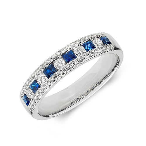 Pave Setting Princess Three row with round diamond and Naturally Mined Gemstone Diamond Rings