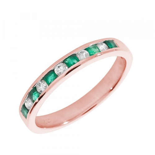 Channel Setting Round Rose Gold Emerald Gemstone Diamond Rings
