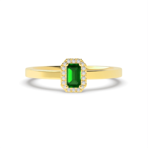 4 Prong Emerald Yellow Gold Halo diamond and Naturally Mined Diamond Engagement Rings