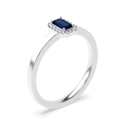 4 Prong Emerald Halo diamond and Blue Sapphire Gemstone Engagement Rings