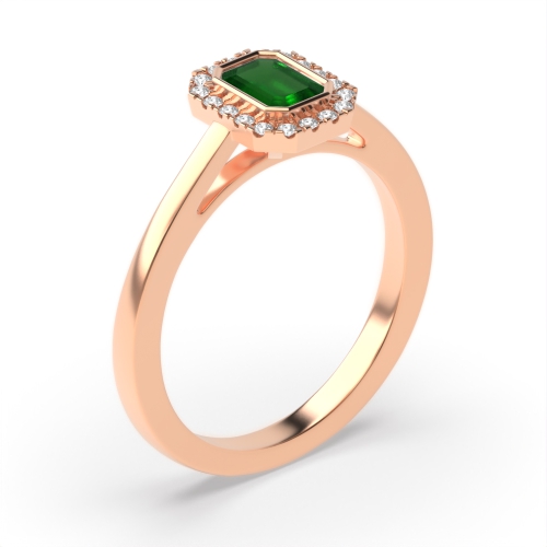 Bezel Setting Emerald Rose Gold Halo mid set diamond and Lab Grown Diamond Engagement Rings