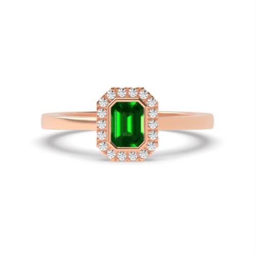 Bezel Setting Emerald Rose Gold Halo mid set diamond and Lab Grown Diamond Engagement Rings