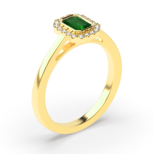 Bezel Setting Emerald Yellow Gold Halo mid set diamond and Lab Grown Diamond Engagement Rings