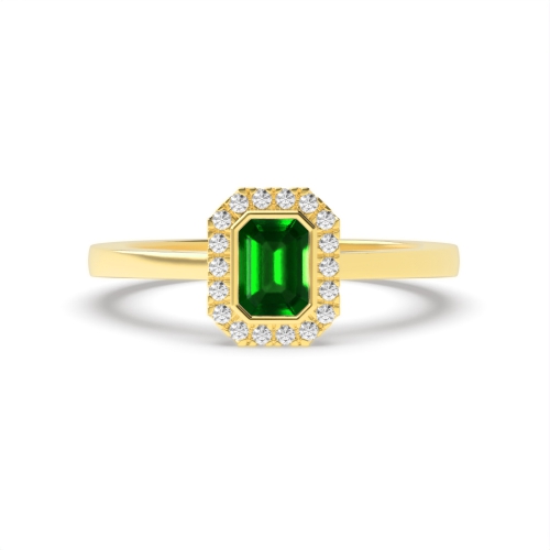 Bezel Setting Emerald Yellow Gold Halo mid set diamond and Lab Grown Diamond Engagement Rings