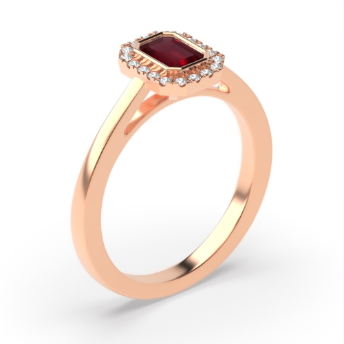 Bezel Setting Emerald Rose Gold Halo mid set diamond and Naturally Mined Diamond Gemstone Engagement Rings